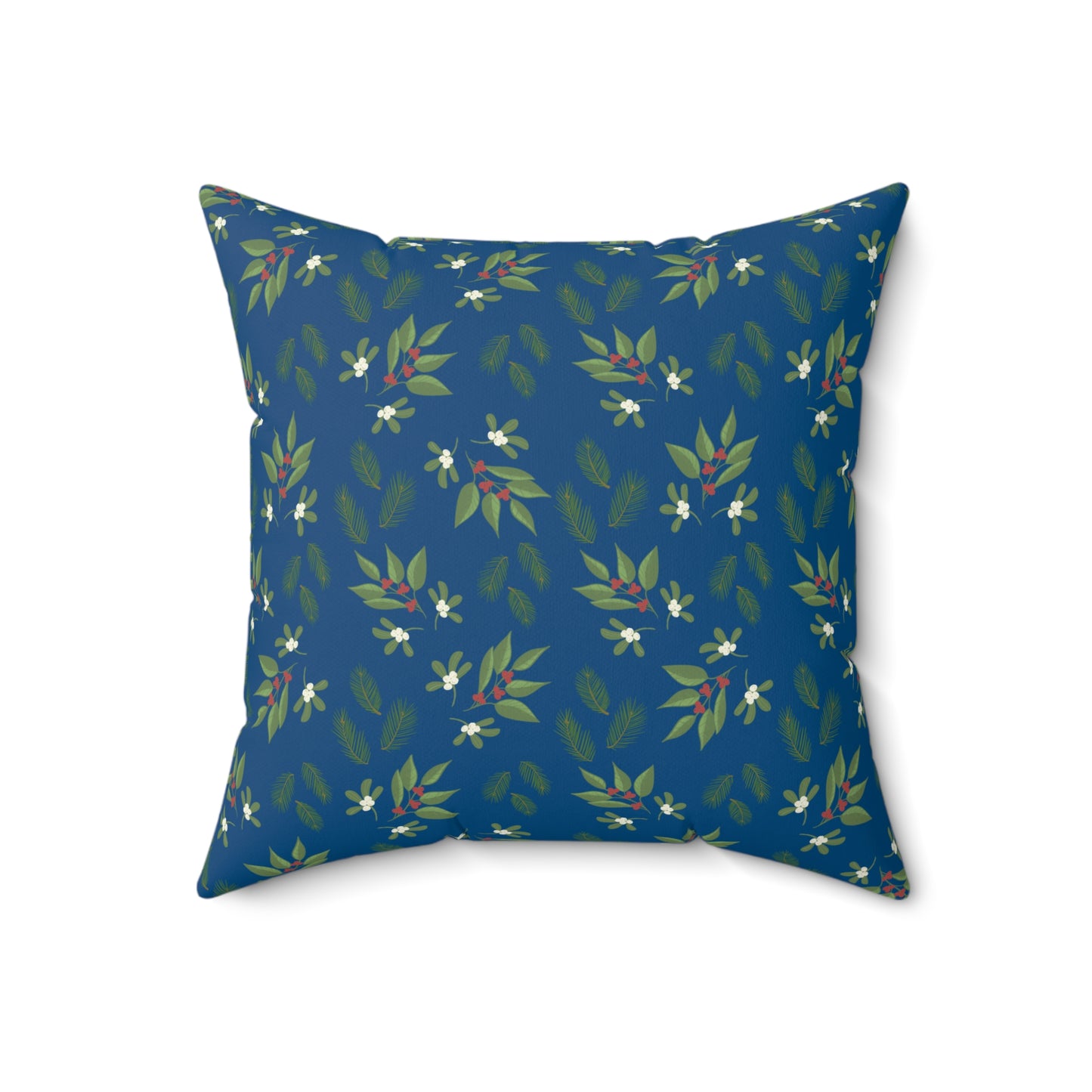 Spun Polyester Square Pillow - Mistletoe, Berries and Sprigs, Dark Blue