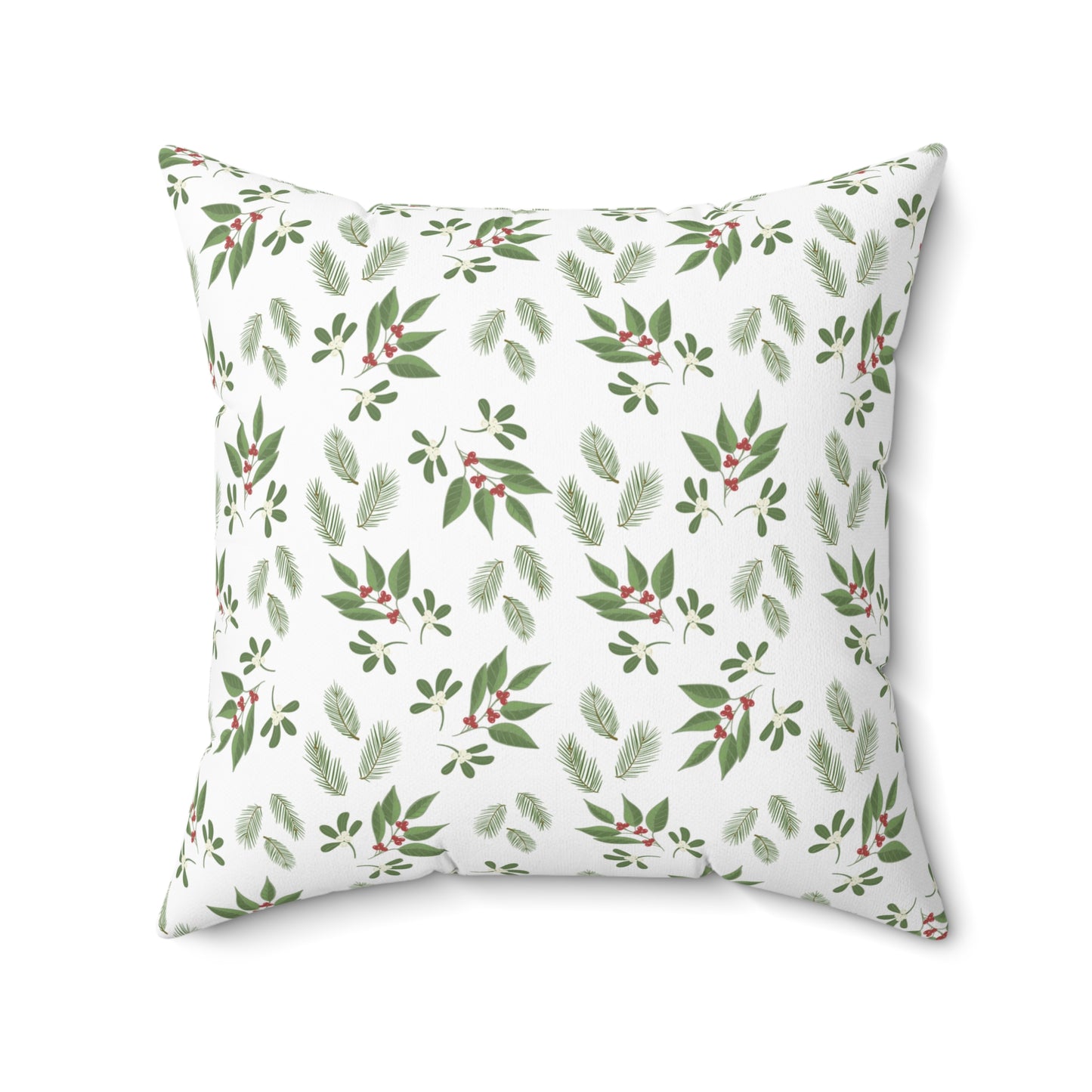 Spun Polyester Square Pillow - MIstletoe, Berries and Sprigs, White