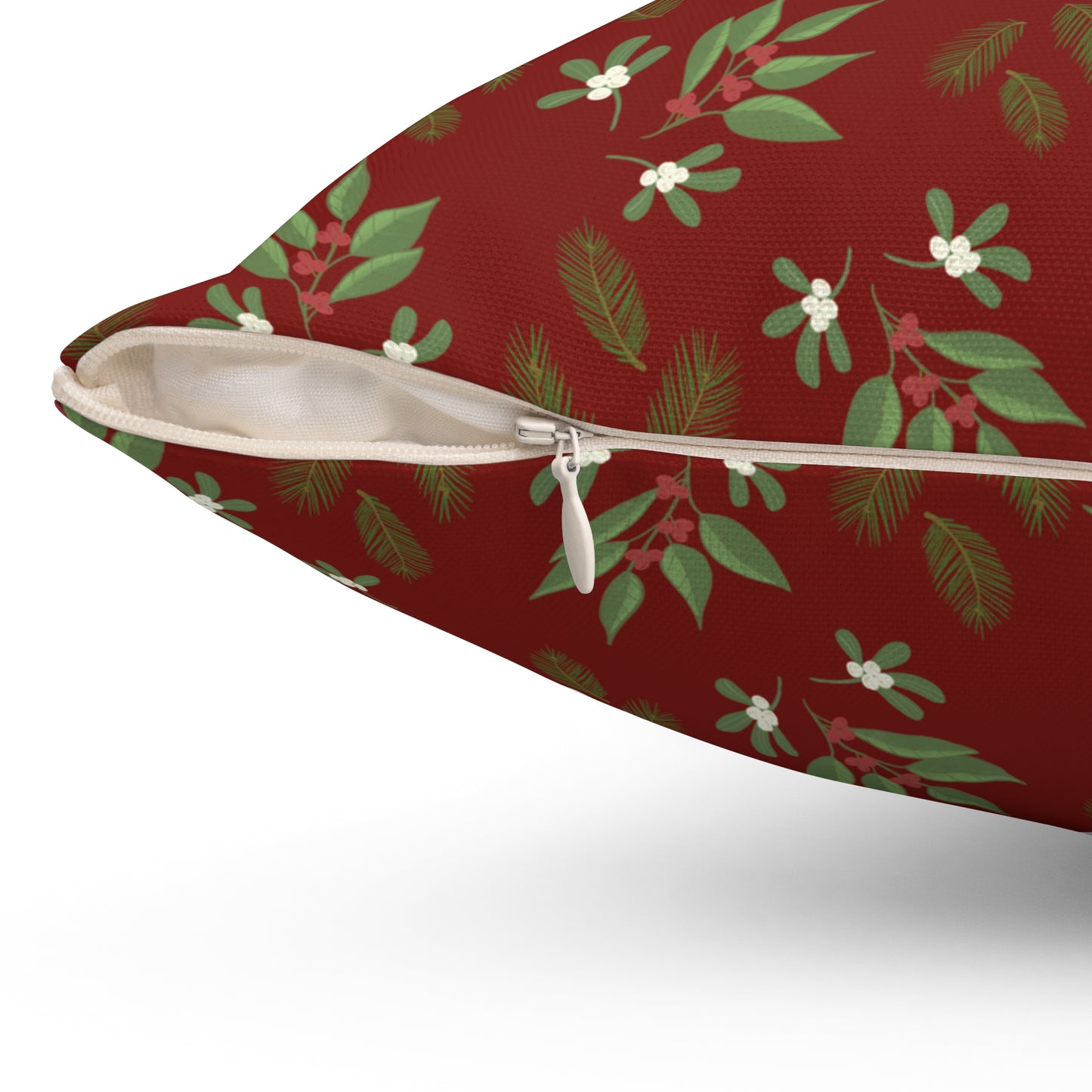 Spun Polyester Square Pillow - Mistletoe, Berries and Sprigs, Cranberry