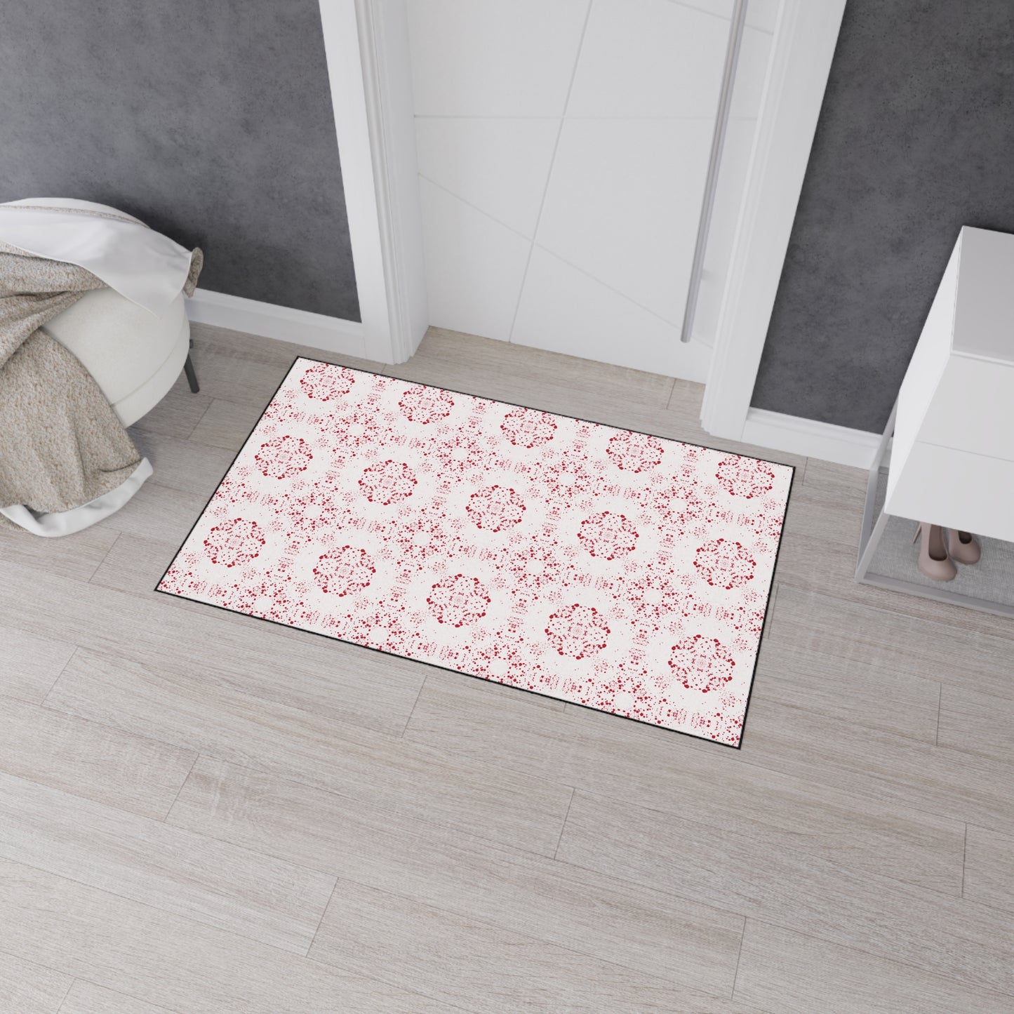 Elegant Heavy Duty Floor Mat Featuring Batik Scatter© in Red and White. Durable Entry Rug, Kitchen Mat, Home Decor, Modern Floor Covering, Decorative Area Rug