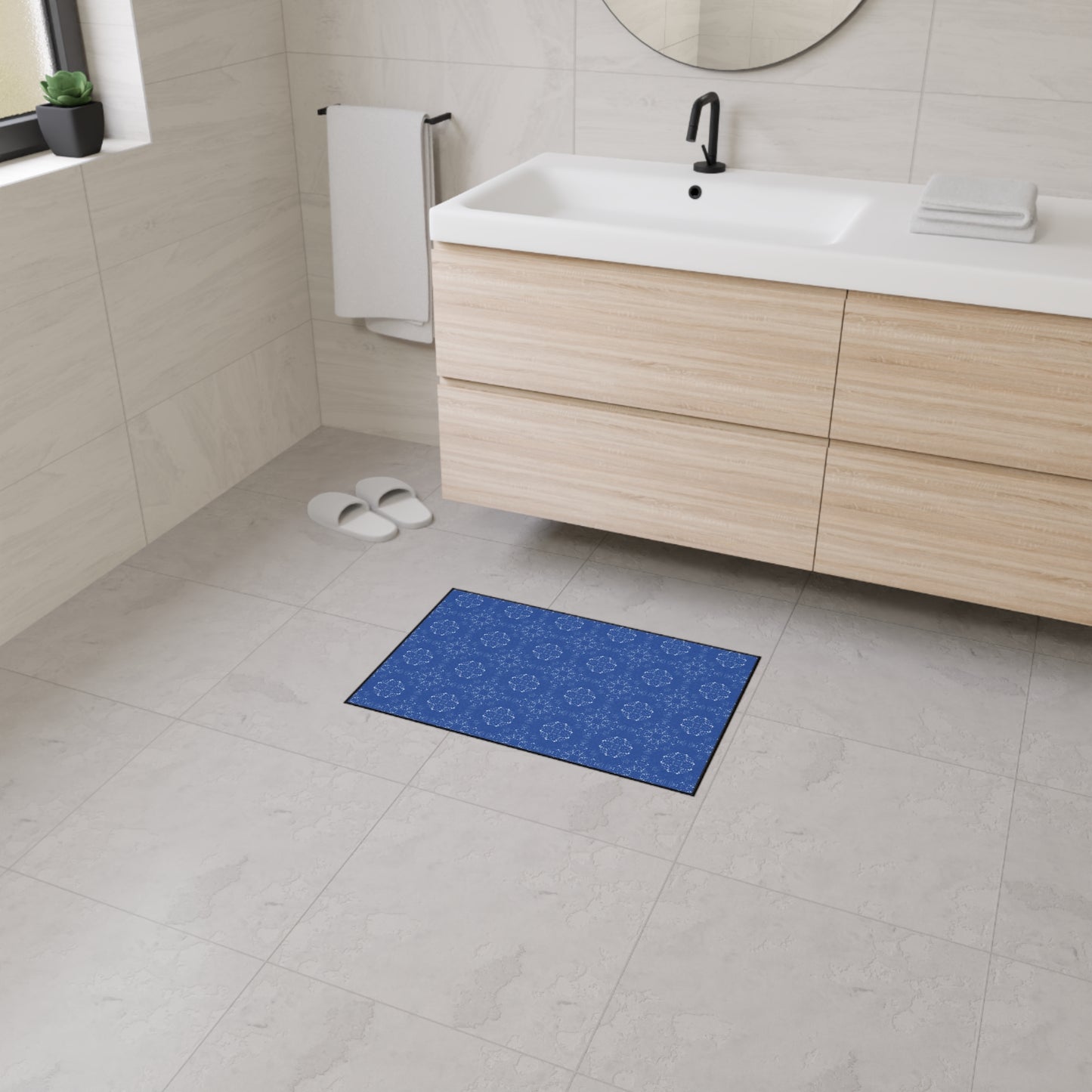 Elegant Heavy Duty Floor Mat for Home & Office, Featuring Batik Scatter© in Blue. Durable Area Mat, Non-Slip Rug for Entrances, Kitchen, and Patio, Perfect Gift for New Home