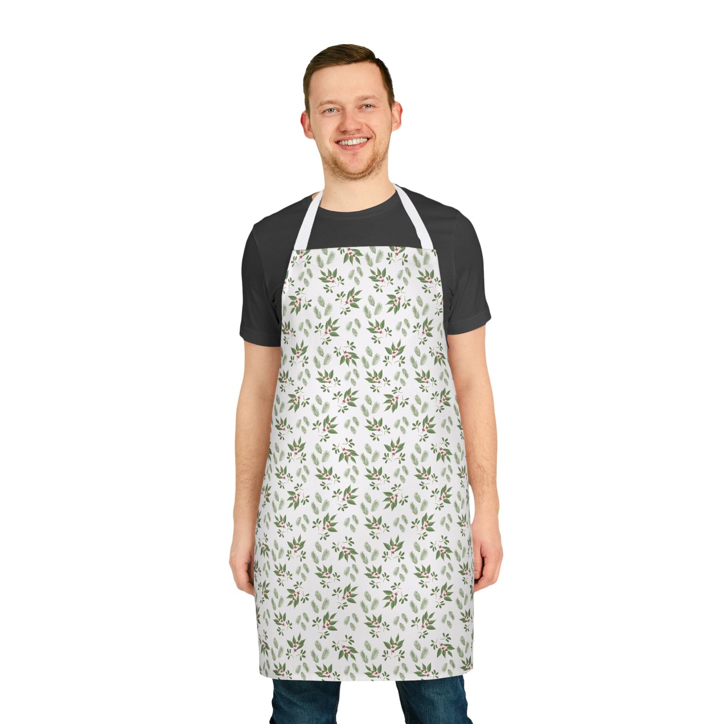 Apron, 5-Color Straps - Mistletoe, Berries and Sprigs, White