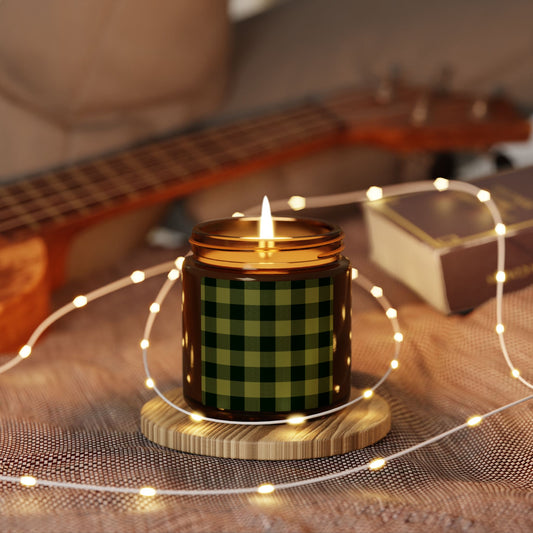 Rustic Plaid Scented Soy Candle, Olive, Cozy Home Decor, Eco-Friendly Gift, Green Checkered Pattern, Relaxation & Aromatherapy.