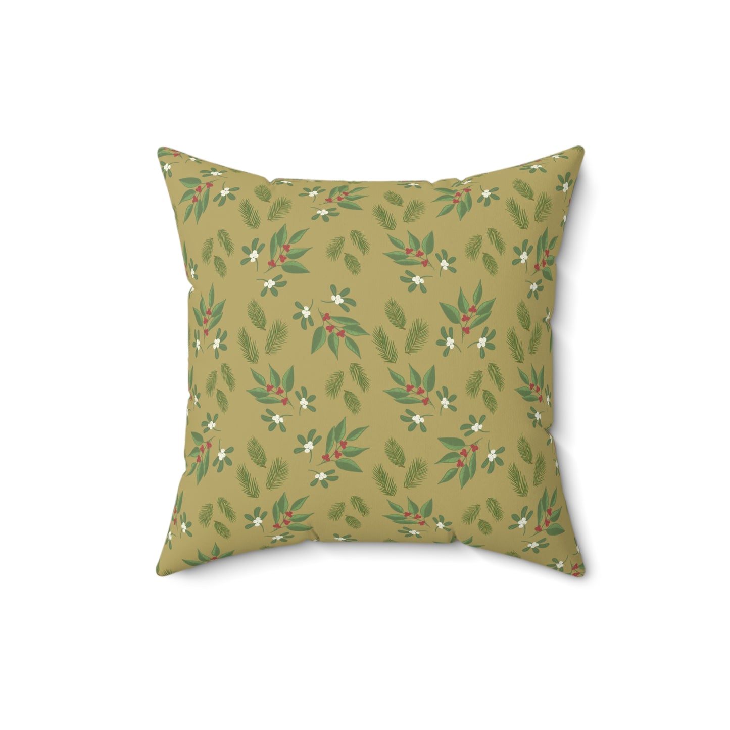 Spun Polyester Square Pillow - Mistletoe, Berries and Sprigs, Gold