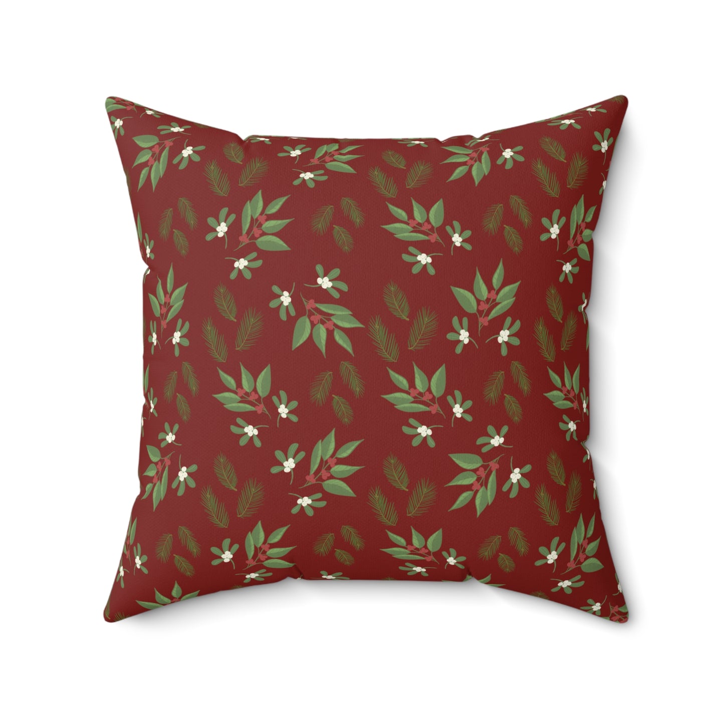 Spun Polyester Square Pillow - Mistletoe, Berries and Sprigs, Cranberry