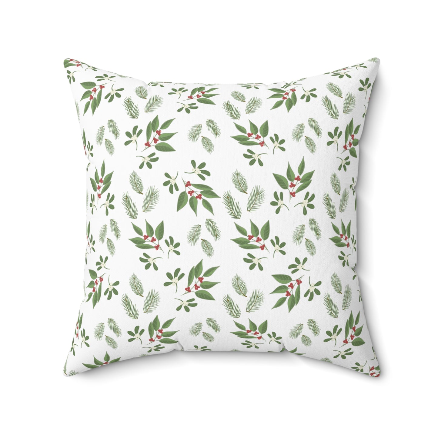 Spun Polyester Square Pillow - MIstletoe, Berries and Sprigs, White