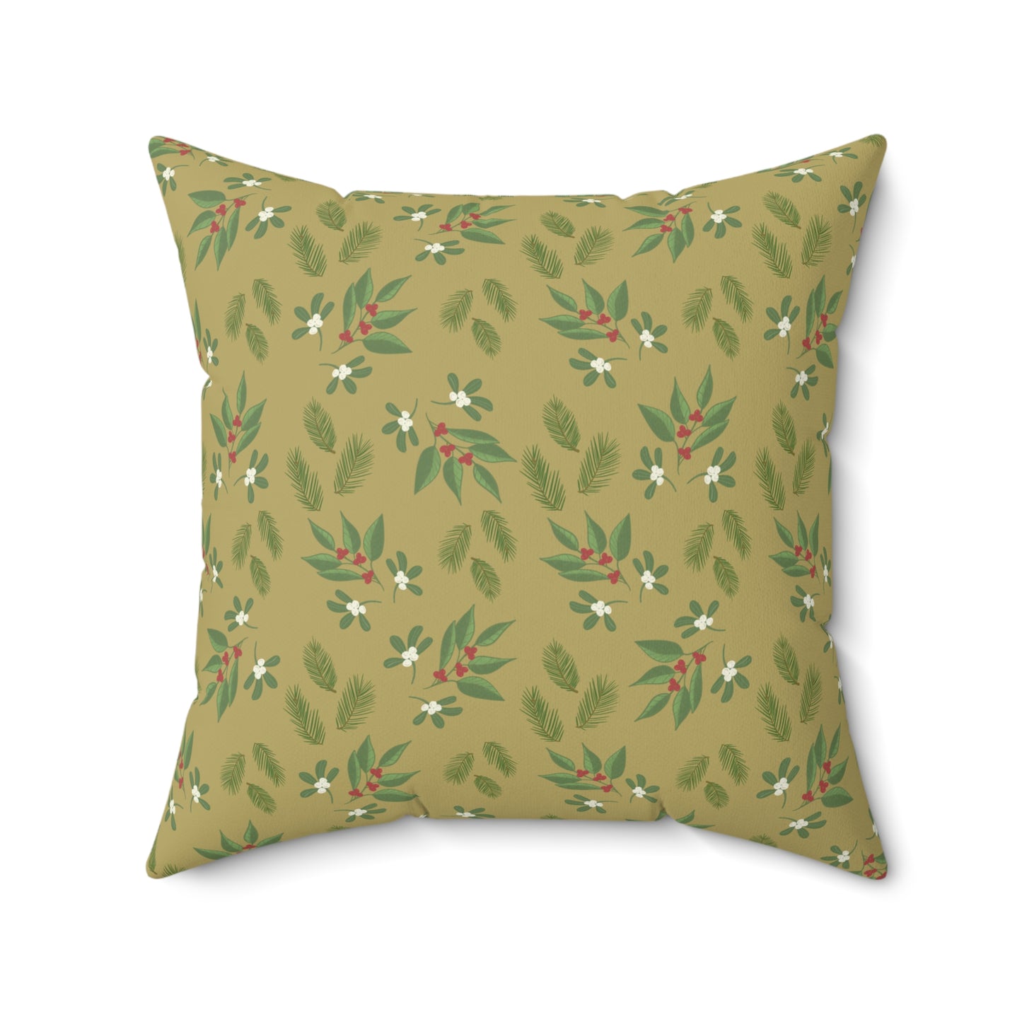 Spun Polyester Square Pillow - Mistletoe, Berries and Sprigs, Gold