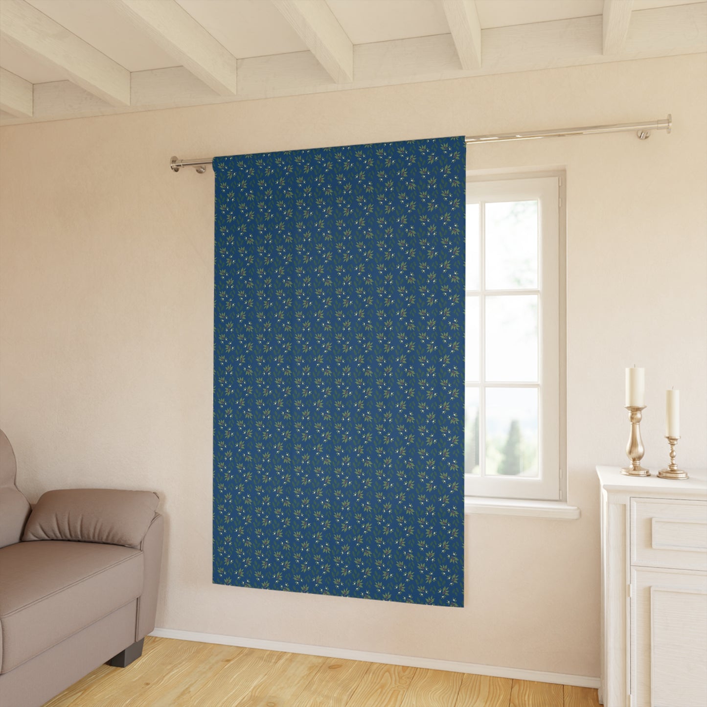 Window Curtains (1 Piece) - Mistletoe, Berries and Sprigs, Dark Blue