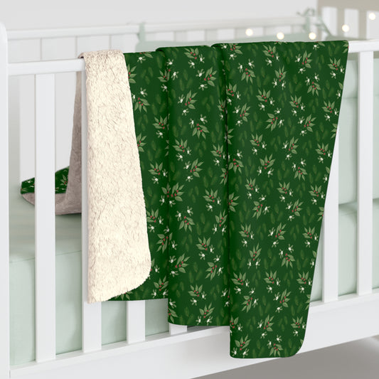 Sherpa Fleece Blanket - Mistletoe, Berries and Sprigs, Emerald