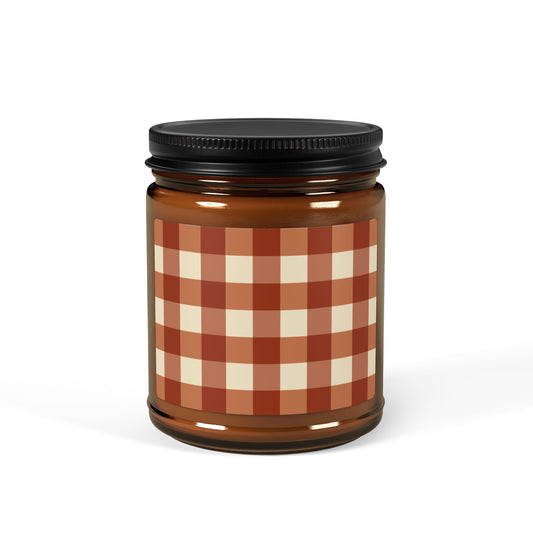 Cozy Amber Jar Candle with Cinnamon Gingham Design, Rustic Home Decor, Scented Candle for Relaxation, Gifts for Housewarming, Decorative Candle