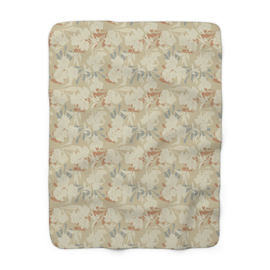 Cozy Floral Sherpa Fleece Blanket featuring Elaine© Soft Neutral Floral Print with Painterly Brushstrokes in Cream, Dusty Blue & Terracotta Accents