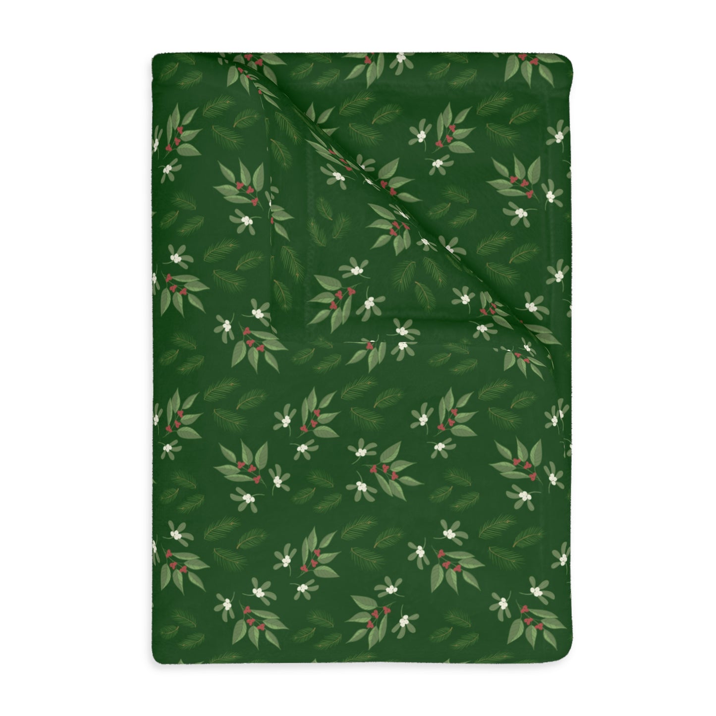 Velveteen Microfiber Blanket (Two-sided print) - Mistletoe, Berries and Sprigs, Emerald