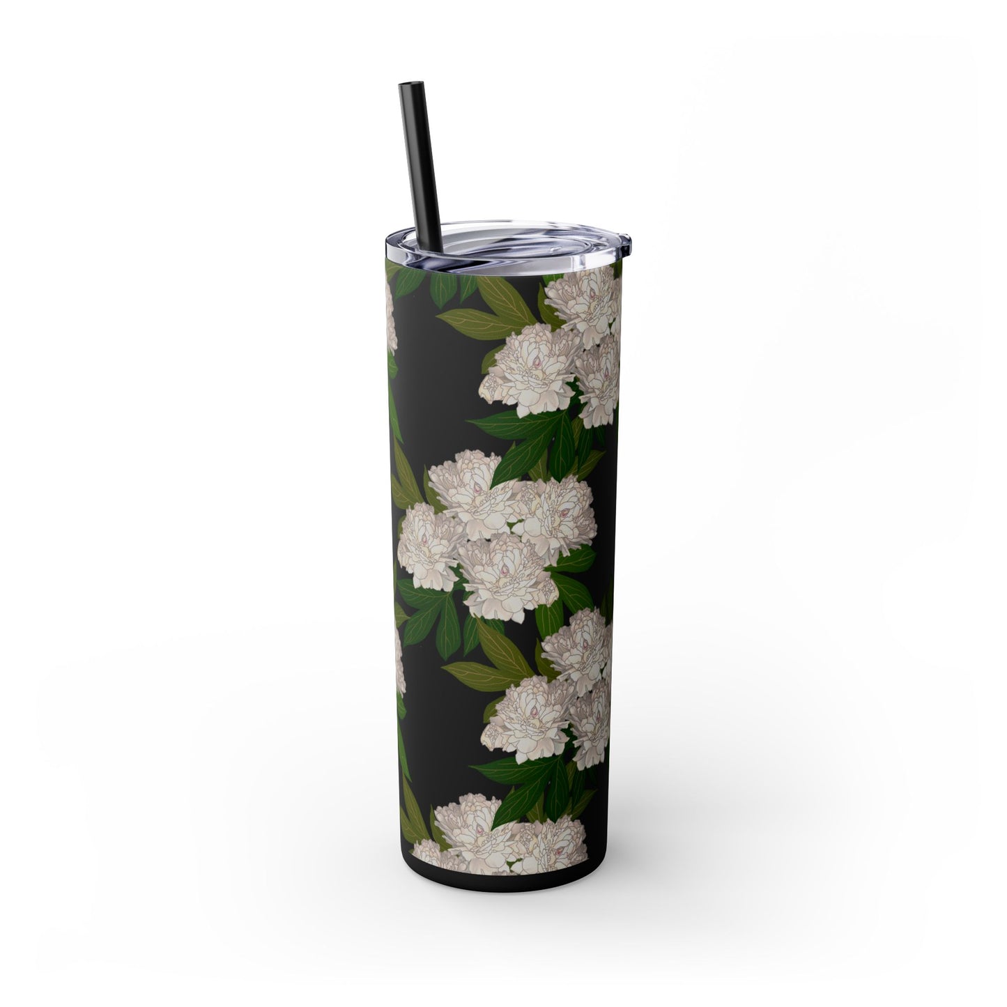 Floral Skinny Tumbler with Straw, 20oz featuring Rachel's Peonies© in a variety of colors and finishes. Easy to Hold Skinny Tumbler, Elegant Drinkware for Home, Office, Wedding, Gifts, and Daily Use
