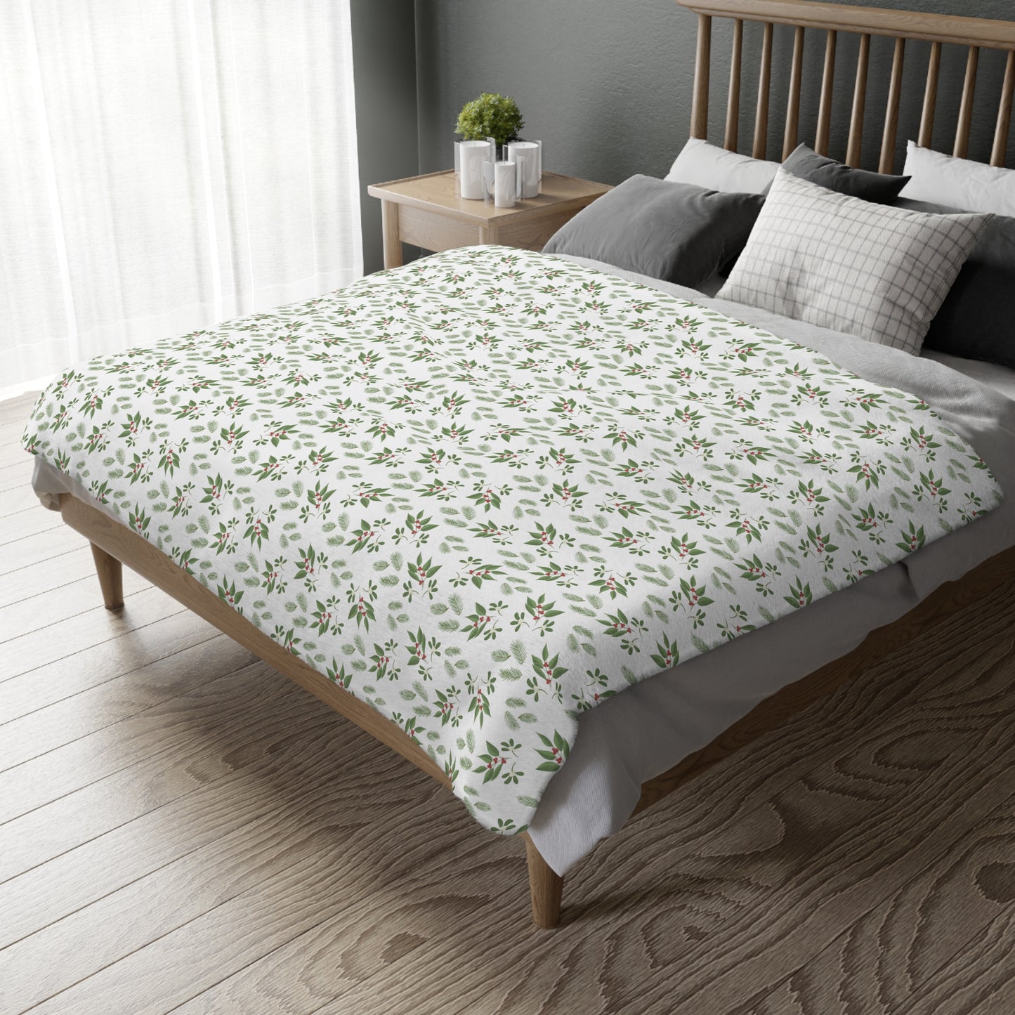 Velveteen Microfiber Blanket (Two-sided print) - Mistletoe, Berries and Sprigs, White