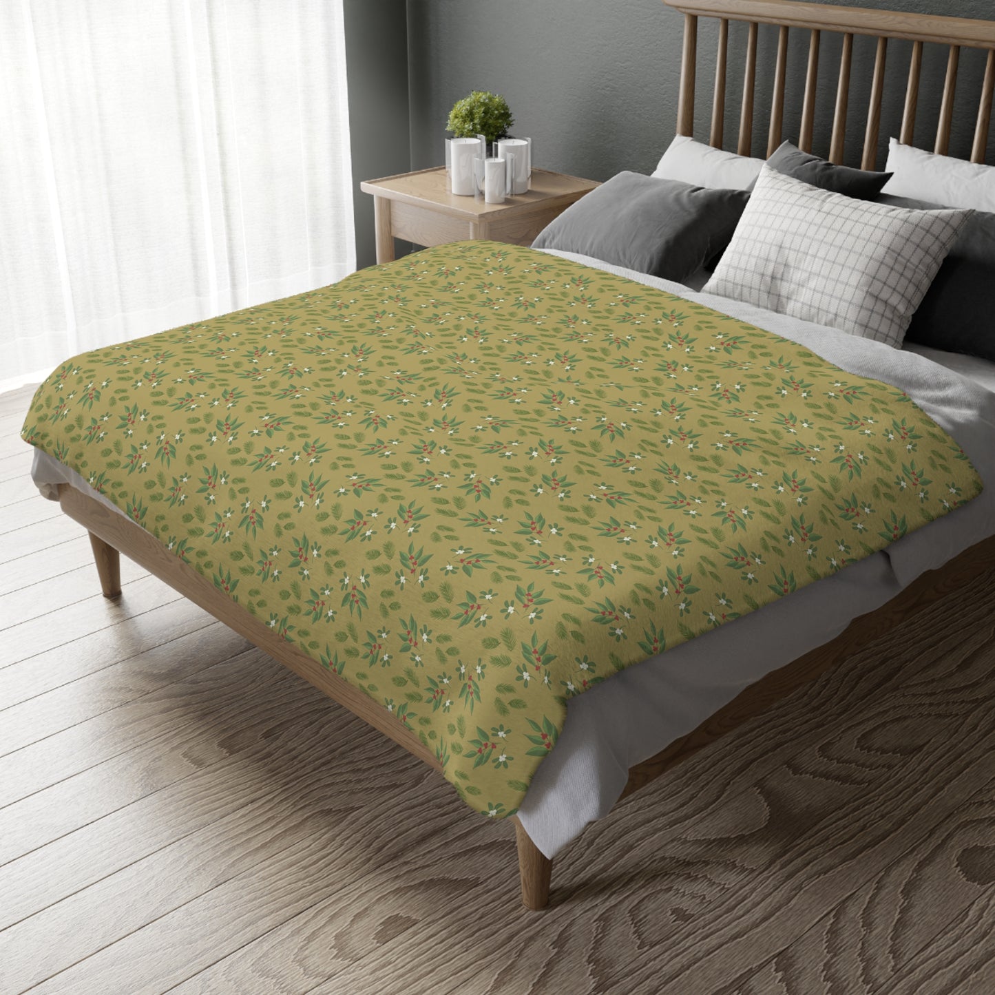Velveteen Microfiber Blanket (Two-sided print), Mistletoe, Berries and springs, Gold