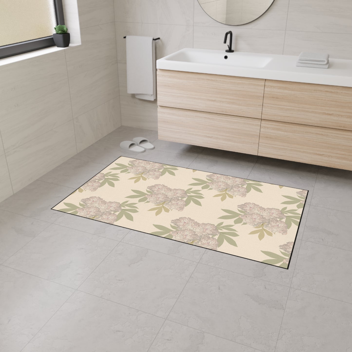 Heavy Duty Floor Mat - Featuring Rachel's Peonies© in Cream Floral Design Durable Rug for Entryway, Kitchen, Bathroom, Home Decor, Indoor & Outdoor Use