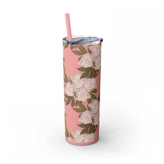 Floral Skinny Tumbler with Straw, 20oz featuring Rachel's Peonies© in a variety of colors and finishes. Easy to Hold Skinny Tumbler, Elegant Drinkware for Home, Office, Wedding, Gifts, and Daily Use