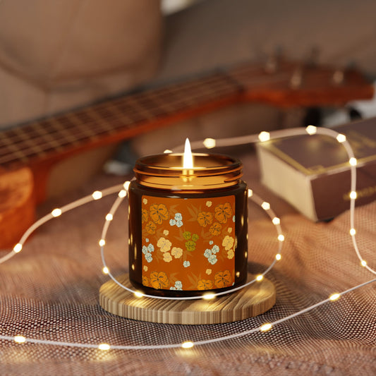 Textured Floral© Deep Orange, Scented Soy Candle in Amber Jar, Featuring Cozy Textured Floral© Autumn Design Aroma Candle