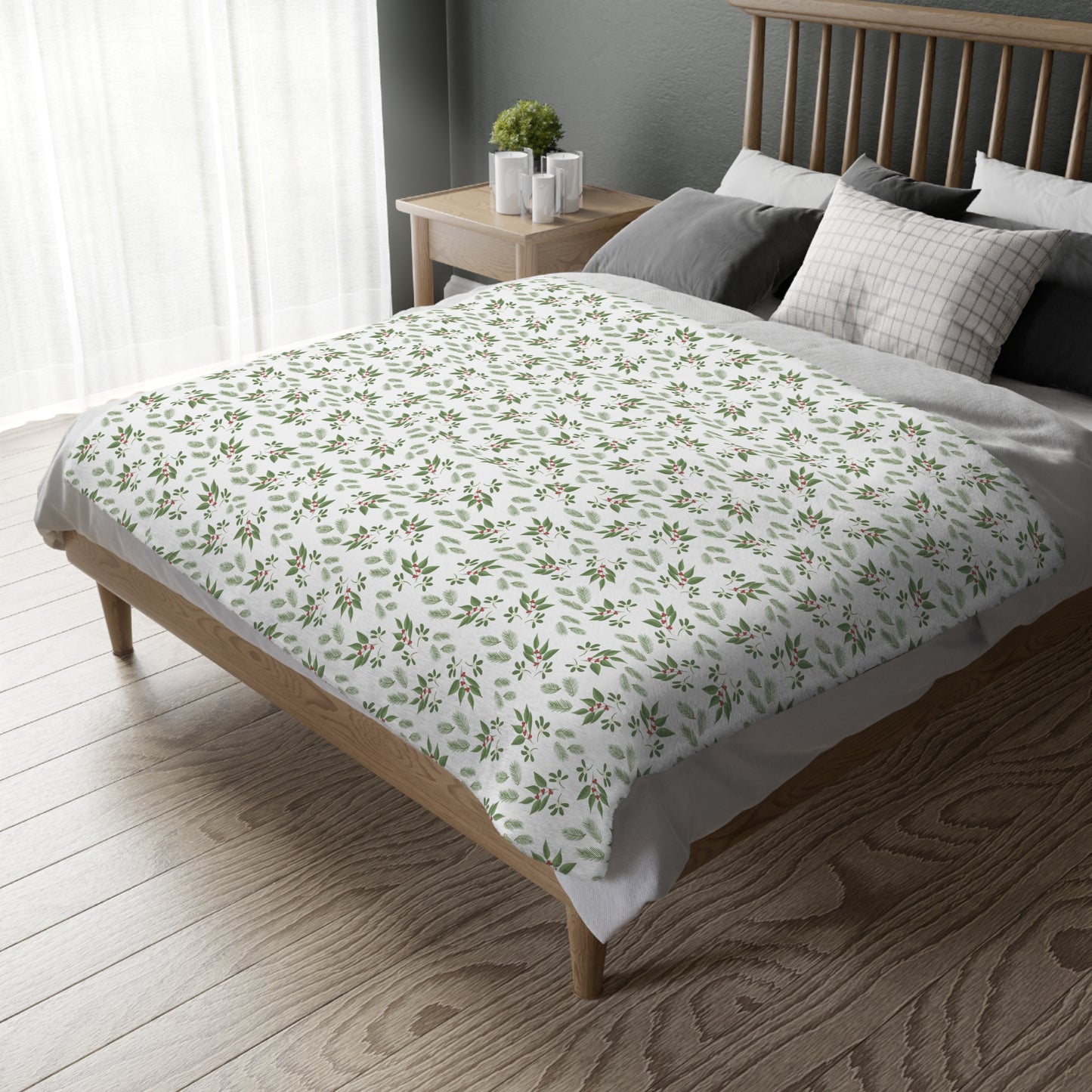 Velveteen Microfiber Blanket (Two-sided print) - Mistletoe, Berries and Sprigs, White