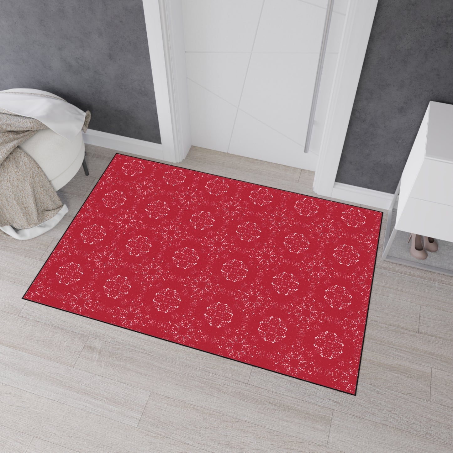Durable elegant Floor Mat for Home Decor, Kitchen Rug, Featuring Batik Scatter© in Red. Non-Slip Entryway Mat, Beautiful Patterned Mats, Gift for Housewarming