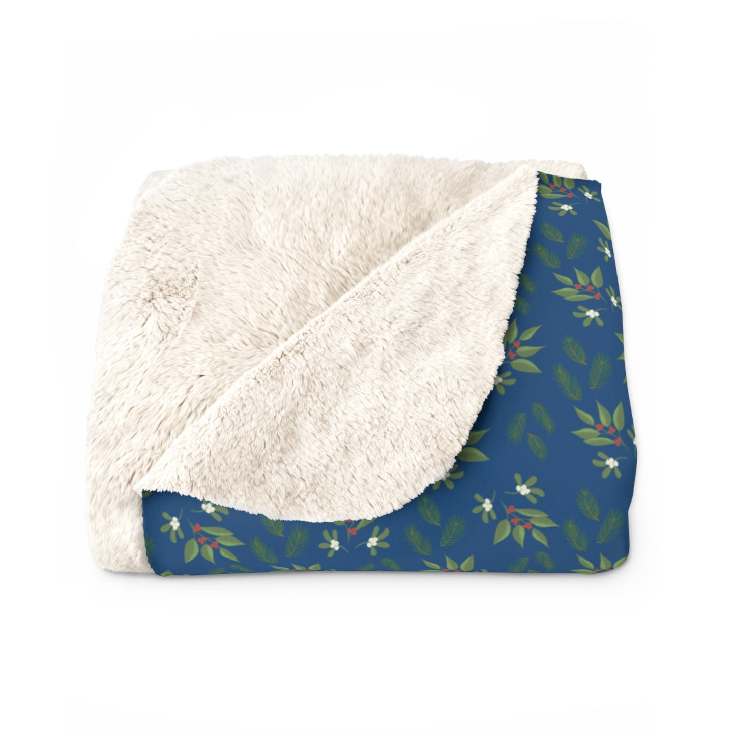 Sherpa Fleece Blanket - Mistletoe, Berries and Sprigs, Deep Blue