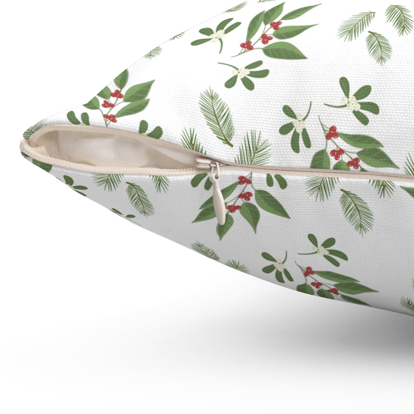 Spun Polyester Square Pillow - MIstletoe, Berries and Sprigs, White