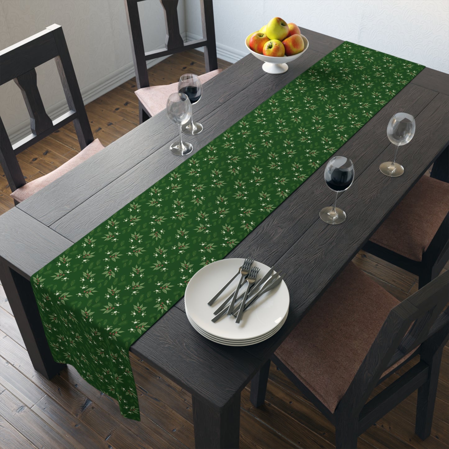 Table Runner - Mistletoe, Berries and Sprigs, Emerald (Cotton, Poly)