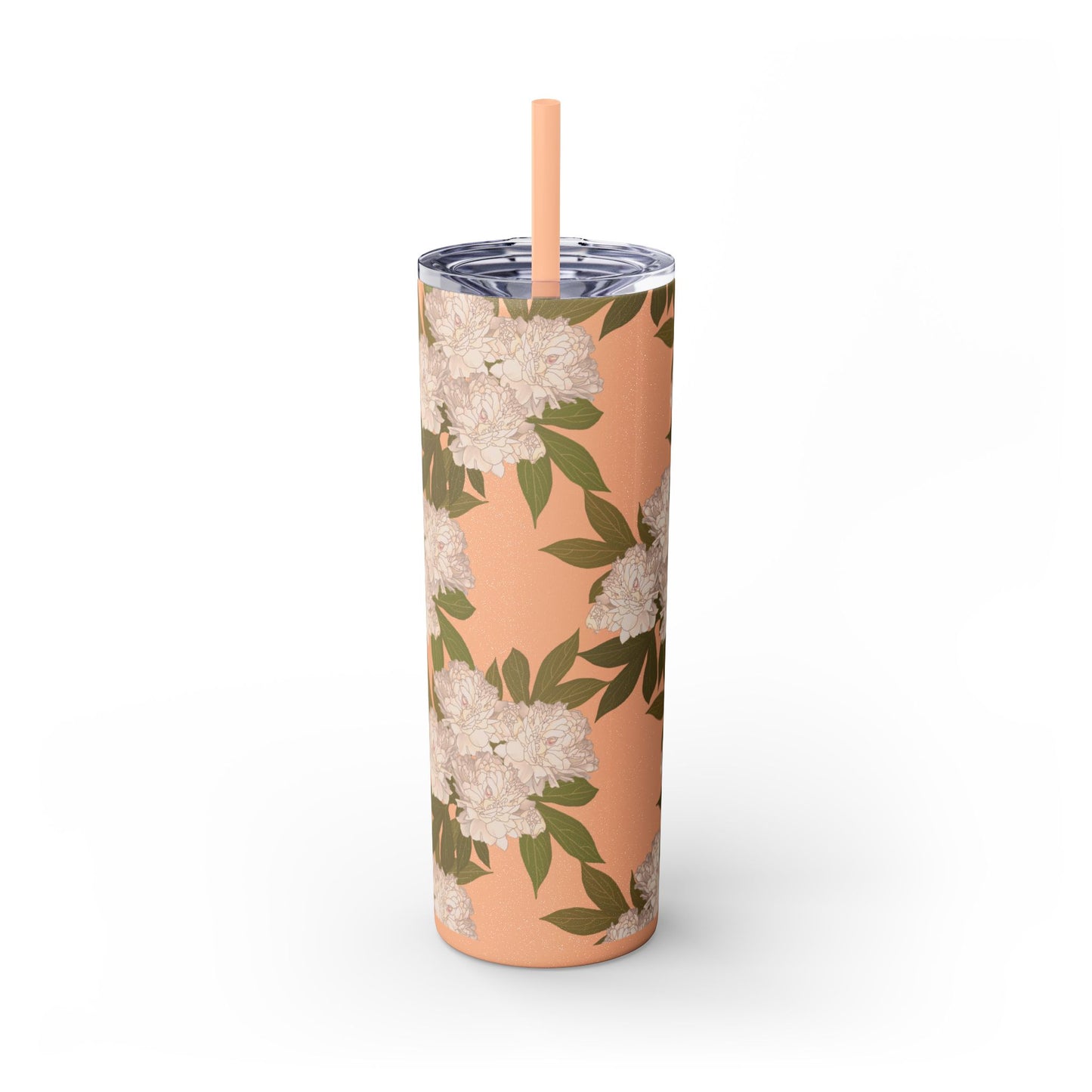 Floral Skinny Tumbler with Straw, 20oz featuring Rachel's Peonies© in a variety of colors and finishes. Easy to Hold Skinny Tumbler, Elegant Drinkware for Home, Office, Wedding, Gifts, and Daily Use