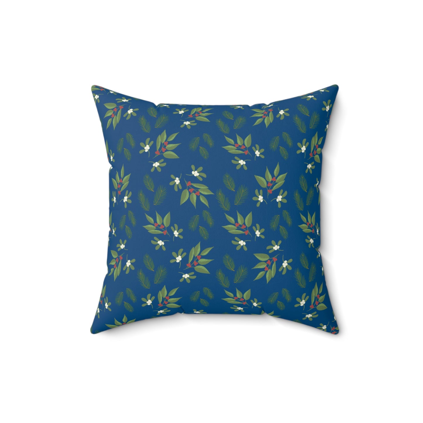 Spun Polyester Square Pillow - Mistletoe, Berries and Sprigs, Dark Blue